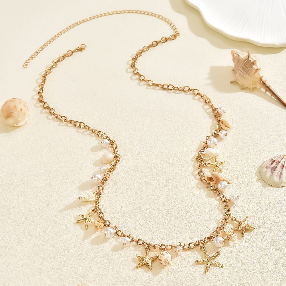 Wholesale seashell waist chain - cross-border, beachy vacation style, starfish accents, niche high-end faux pearl body chain waist accessory