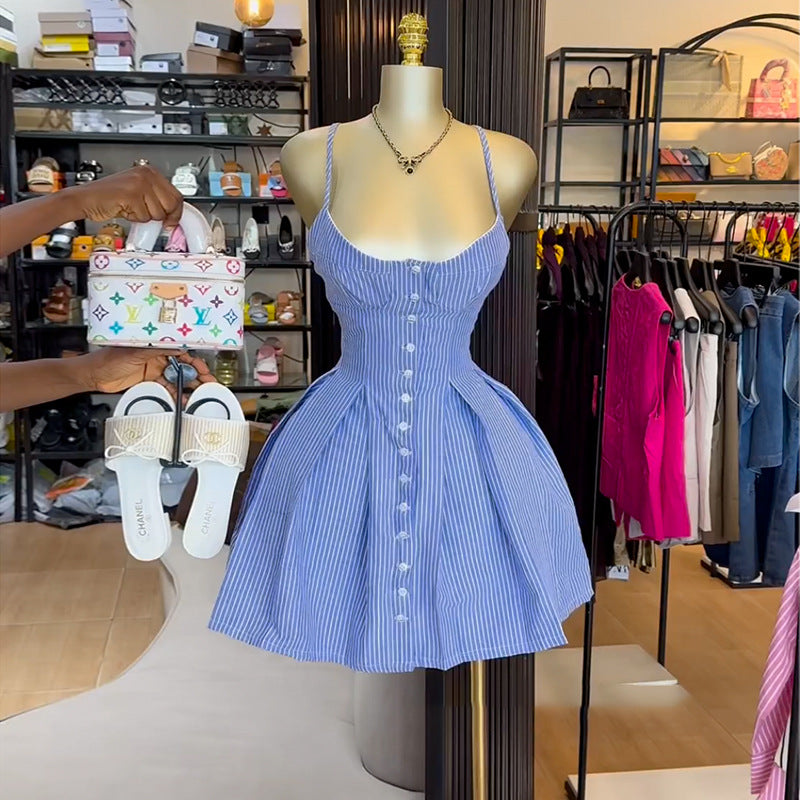 European and american cross-border women's fashion:  summer new arrival - chic and elegant blue striped a-line irregular strap dress