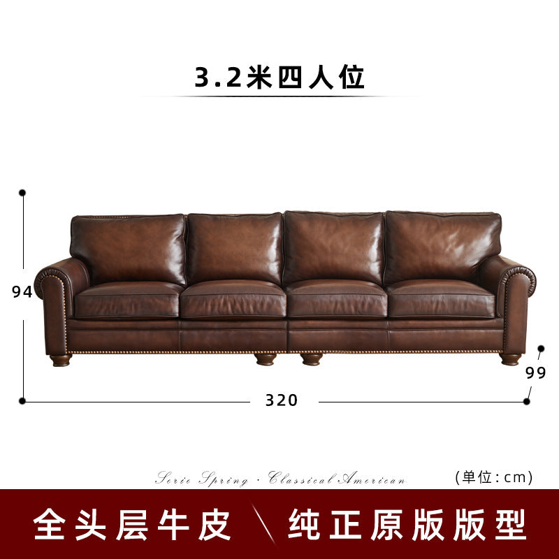 American sofa baton brown hand-rubbed full leather first-layer cowhide three-person row retro living room furniture
