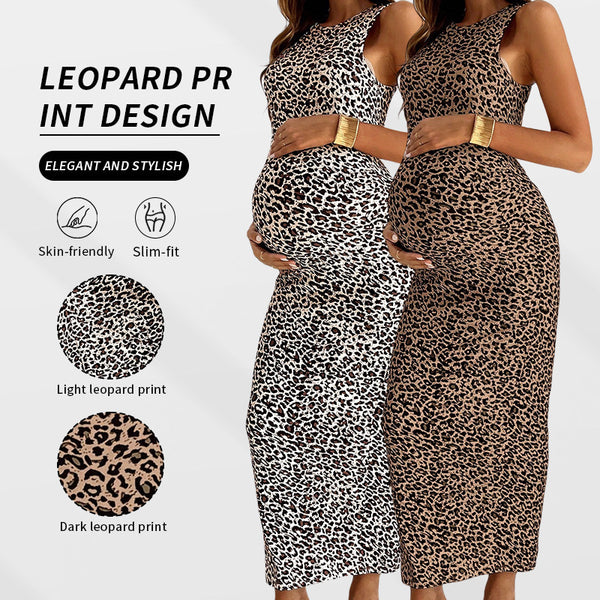 Cross-border new European and American maternity dresses spring and summer round neck sleeveless printed leopard print slim-fitting sexy long dress