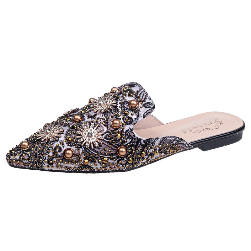 European station 2024 spring/summer new sexy printed rhinestone studded pearl pointed toe closed-toe thong sandals