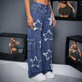 American washed star jeans for women, high waist, multiple flap pocket pantsloosecasual wide-leg pants, mopstraight-leg jeans