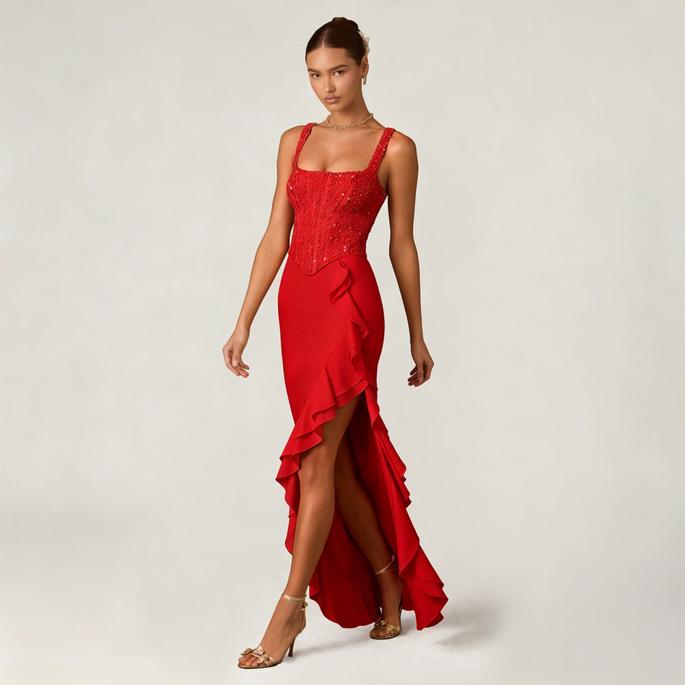 C7690 cross-border   fashion women's elegant sexy slit hem dress