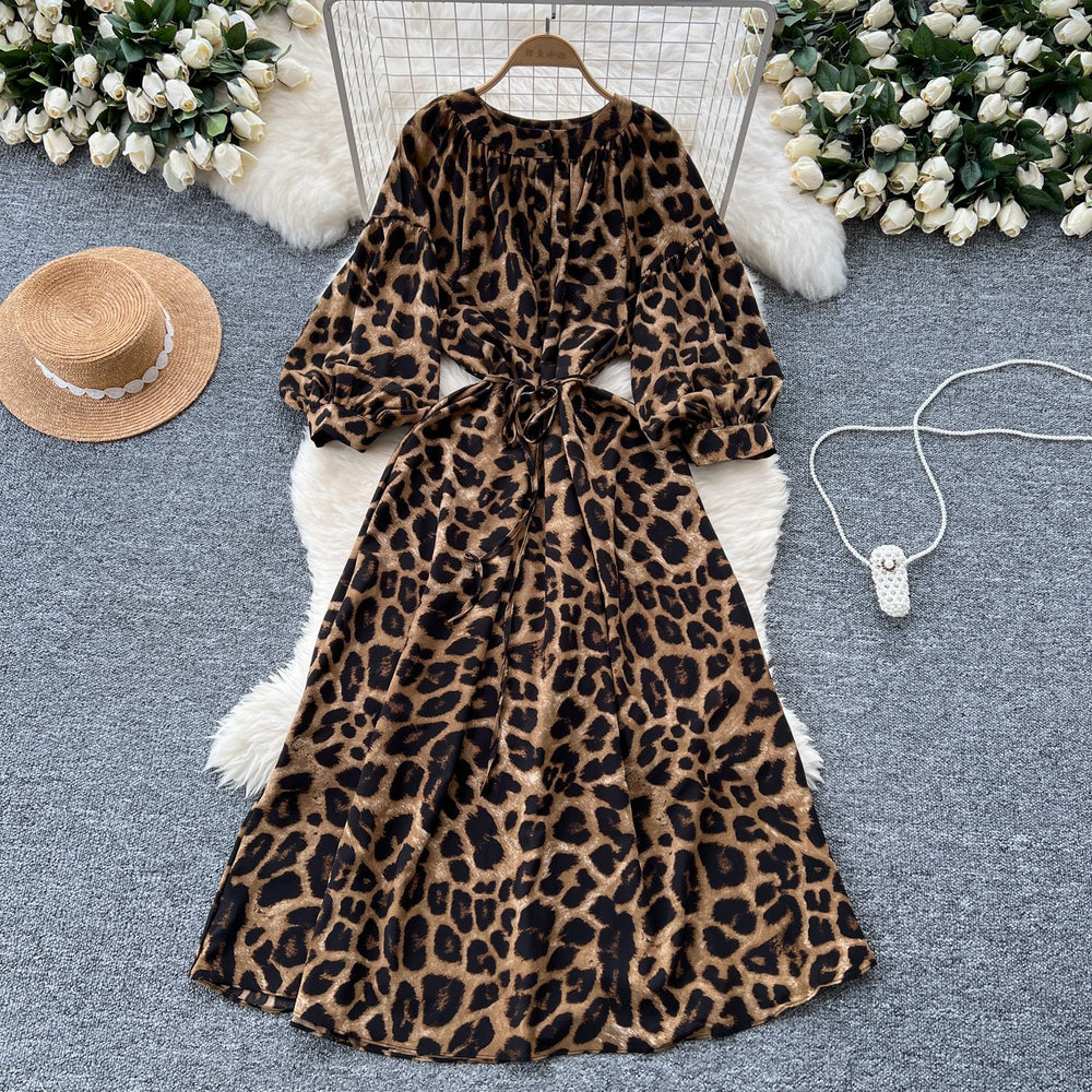 Frenchretroniche styleprintingdress women's autum strap waist round neck lantern sleeve slimming looklong skirt