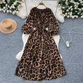 Frenchretroniche styleprintingdress women's autum strap waist round neck lantern sleeve slimming looklong skirt