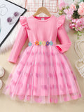 Kids' long-sleeve ribbed knit dress with lace trim and heart-shaped mesh detail