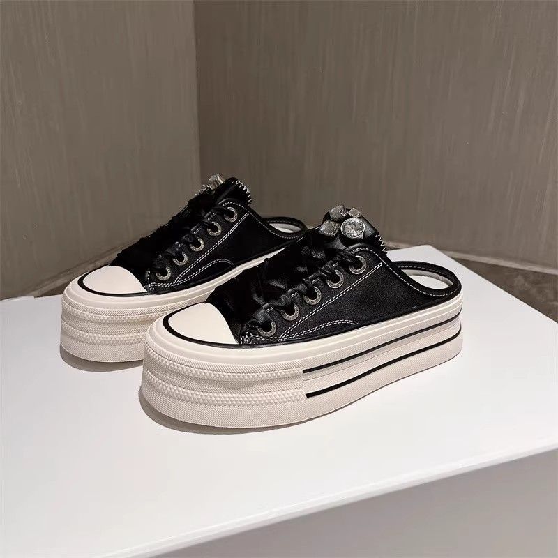 Xiaobai half slippers 2024 new summer super fire rhinestone satin surface lazy thick bottom versatile bag head slippers women