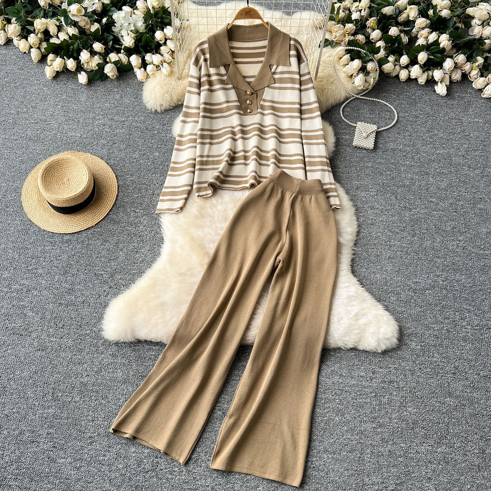 Fall and winternew arrival lazy style k-stylecontrast color suit collar stripesknitting shirttopstwo-piece sethigh waistloose pants