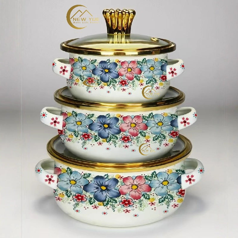 Factory direct sales cross-mirror hot-selling enamel large 3pcs pot set, high-quality soup pot, double-ear soup pot, high-quality pot set