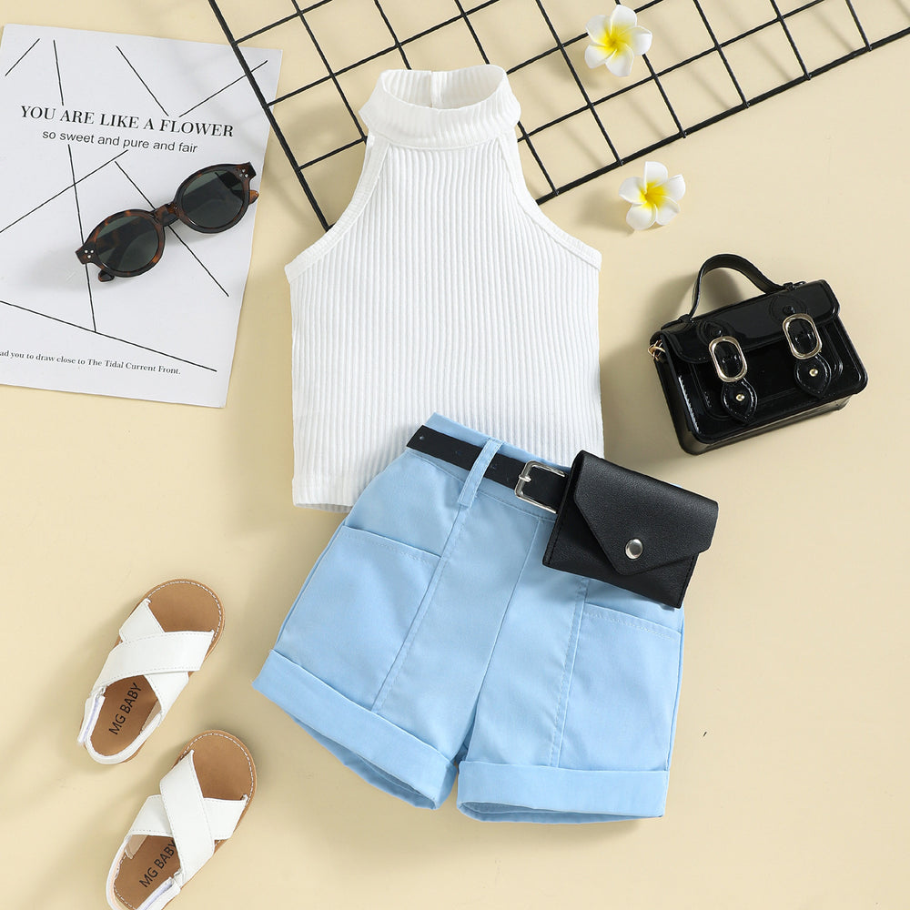 exportchildren's suit  summernew arrivalgirl pit sleeveless topspure color waist bag shortssuit
