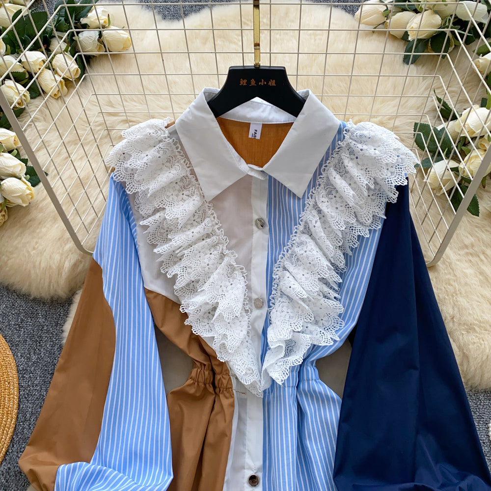 Vintage patchwork two-piece look shirt dress - women's summer long sleeve striped cinched waist midi work dress