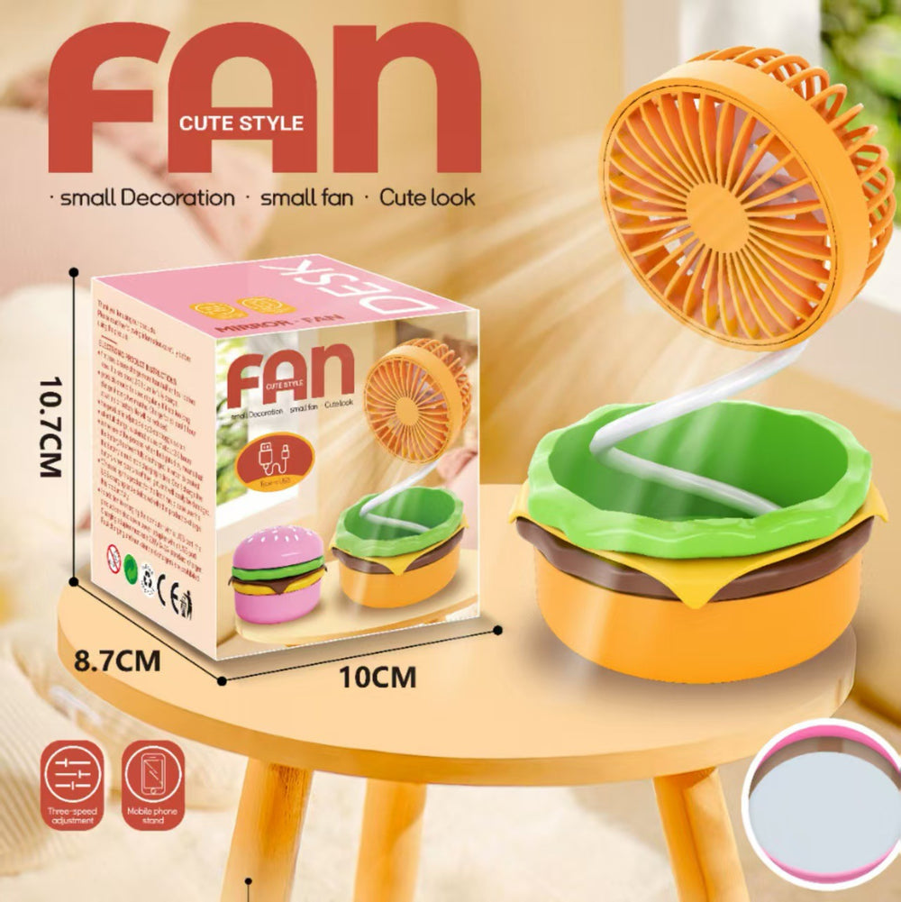 Creative burger mini fan with storage and makeup mirror, usb rechargeable, 3-speed adjustable, multifunctional desktop fan