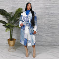 Trendy european and american women's denim patchwork printed double-breasted tie-front long cotton coat