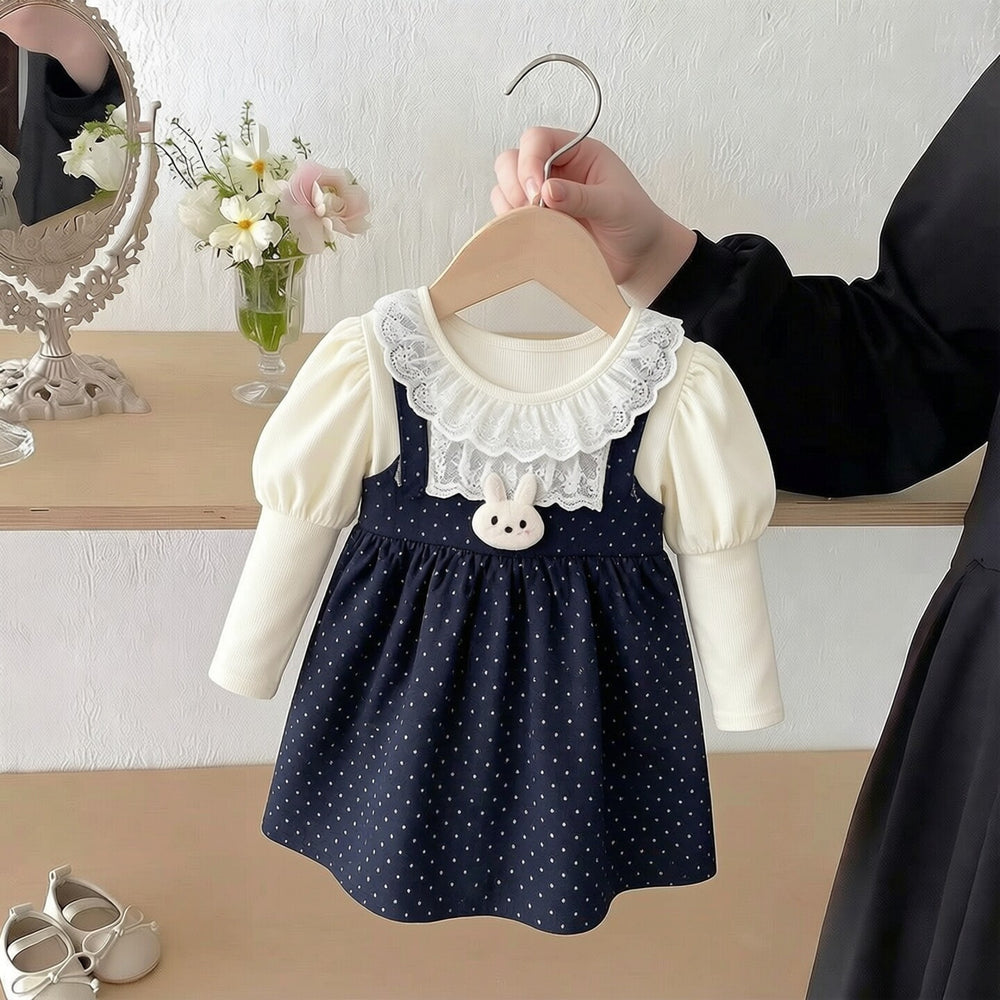 spring new girls' cotton dress, faux two-piece style, korean style toddler short-sleeve dress, cartoon design