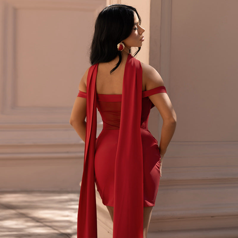 Fashion style cross-border waist women's home pure color slightly see-through hip skirt pleated sexy tube top short light dress trendy