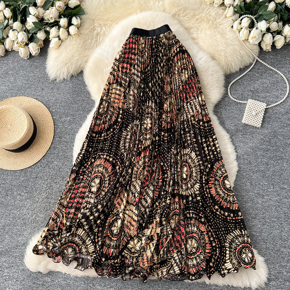 Vintage print pleated elastic waist fashion skirt - women's high-waisted a-line skirt - commute-friendly, flowy maxi skirt for summer