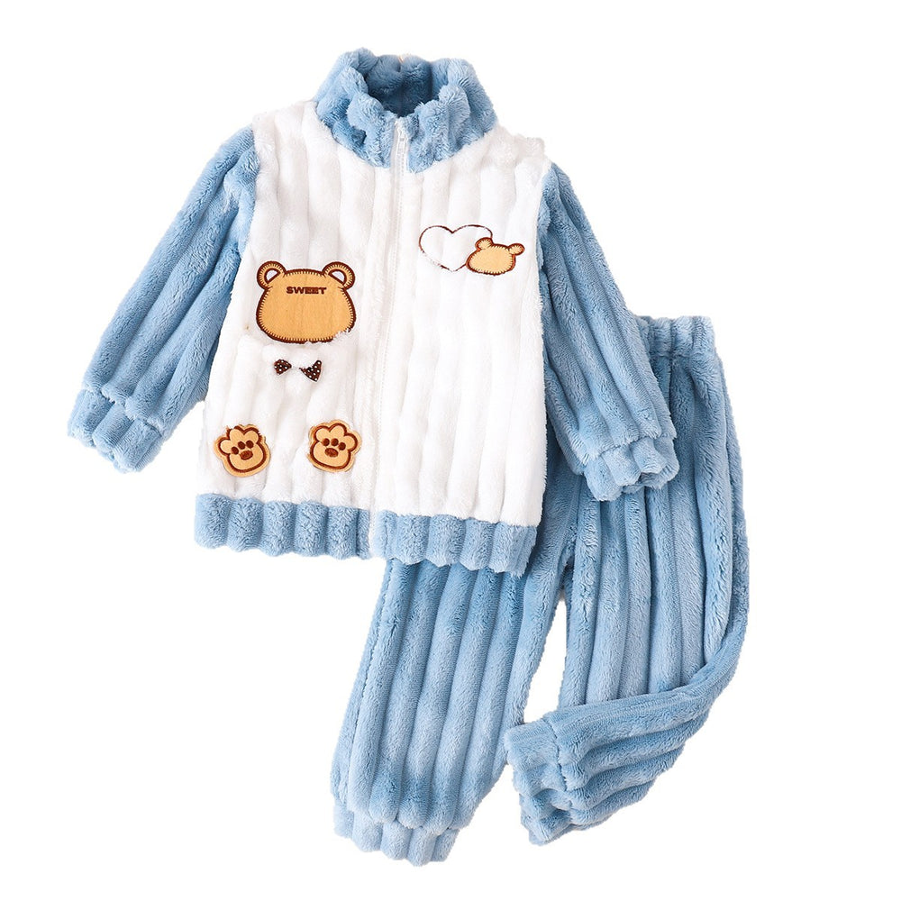 Autumn/winter kids' two-piece set: thickened flannel zip-up jacket and pants, cartoon design, girls' warm loungewear set