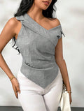 European and american cross-border   new striped design women's summer turn-down collar off-shoulder sleeveless vest