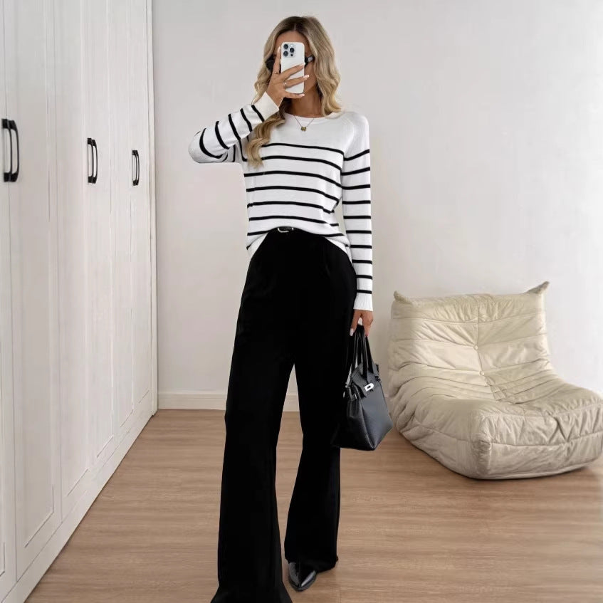 Striped knit base layer top - new spring collection, women's inner layer sweater, loose fit, slimming long sleeve top, stylish blouse