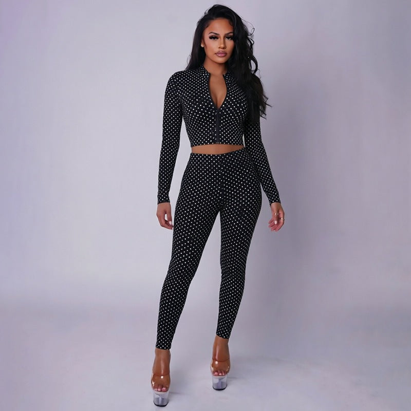 J26st314 cross-border european and american style women's long-sleeve zip-up cardigan top and skinny leggings two-piece set with polka dot print