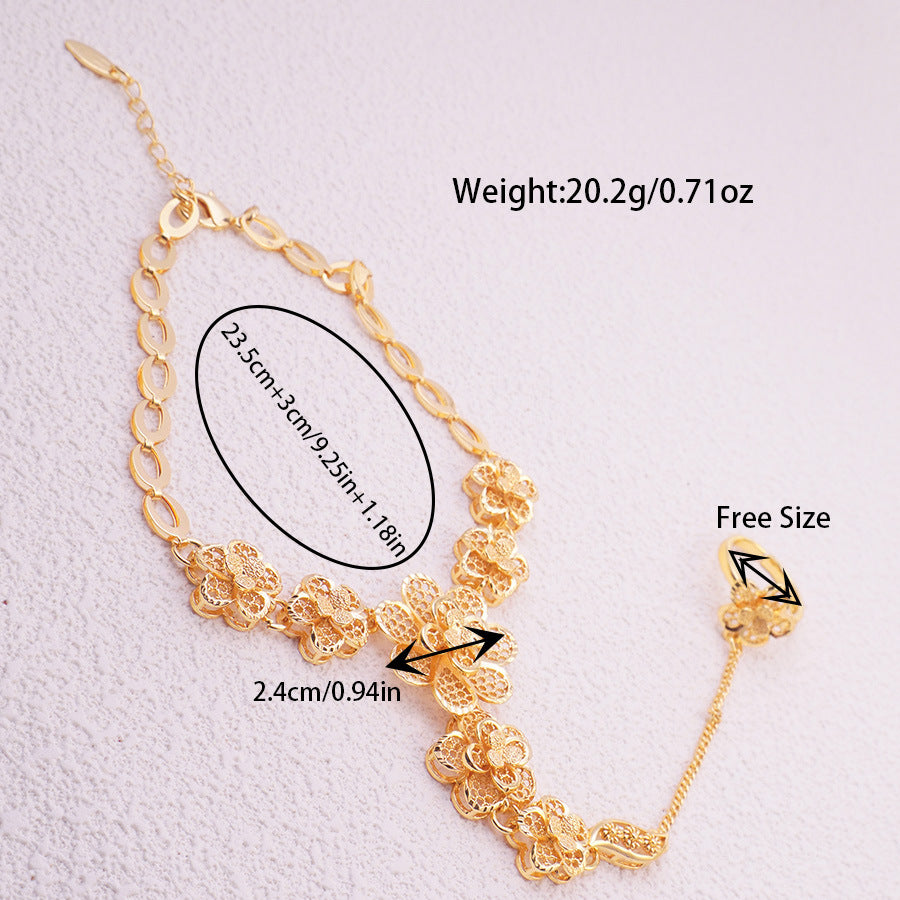 African luxury gold bangle arab fashion floral cuff bangle with ring jewelry set women's ring accessories