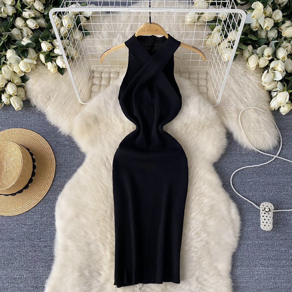 Sense of design cross halter sleeveless dress female elastic tight hip-hugging mid-length skirt summersexyknitting skirt