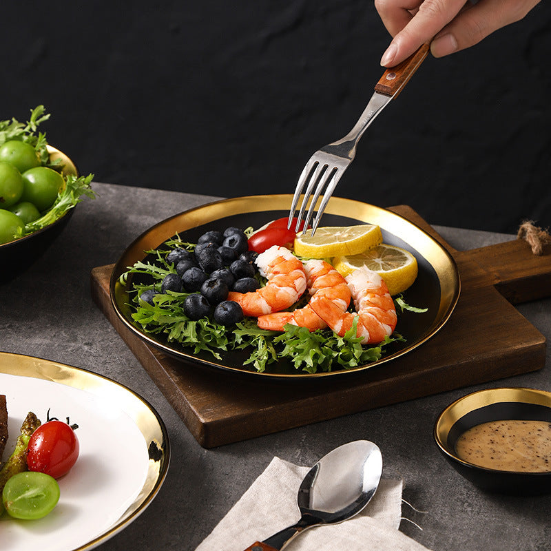 Retro special-shaped ceramic western food steak plate electroplated gold accessible luxury style western food salad bowl mug high-looking plate