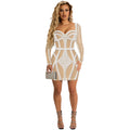 C5846   fashion european and american style nightclub rhinestone mesh see-through bandeau long sleeve midi dress