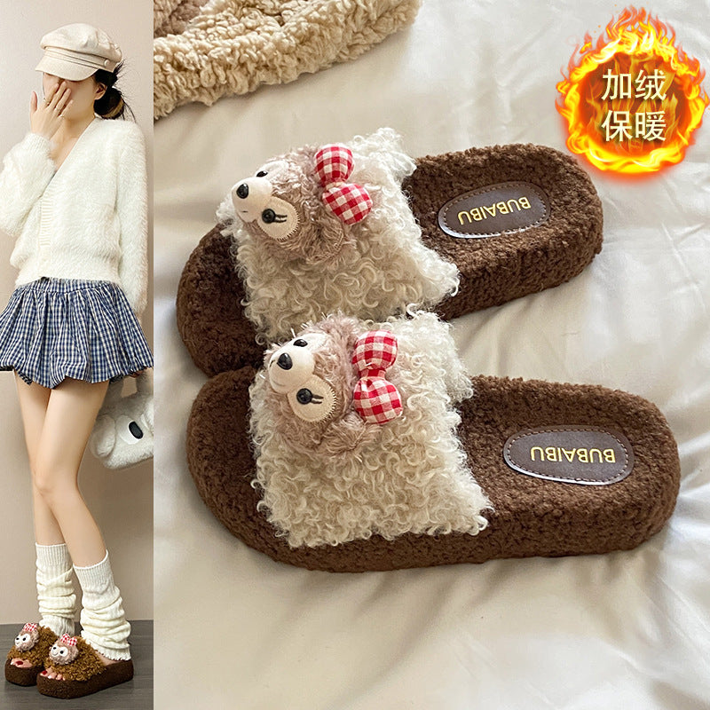 Cute shirley rose curly teddy hair thick cashmere cotton slippers women's fall and winter outwear non-slipheattech open toe cotton