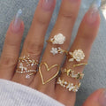 European and american cross-border fashion camellia flower ring set - niche, light luxury, high-end, diamond-studded heart and butterfly finger rings for women
