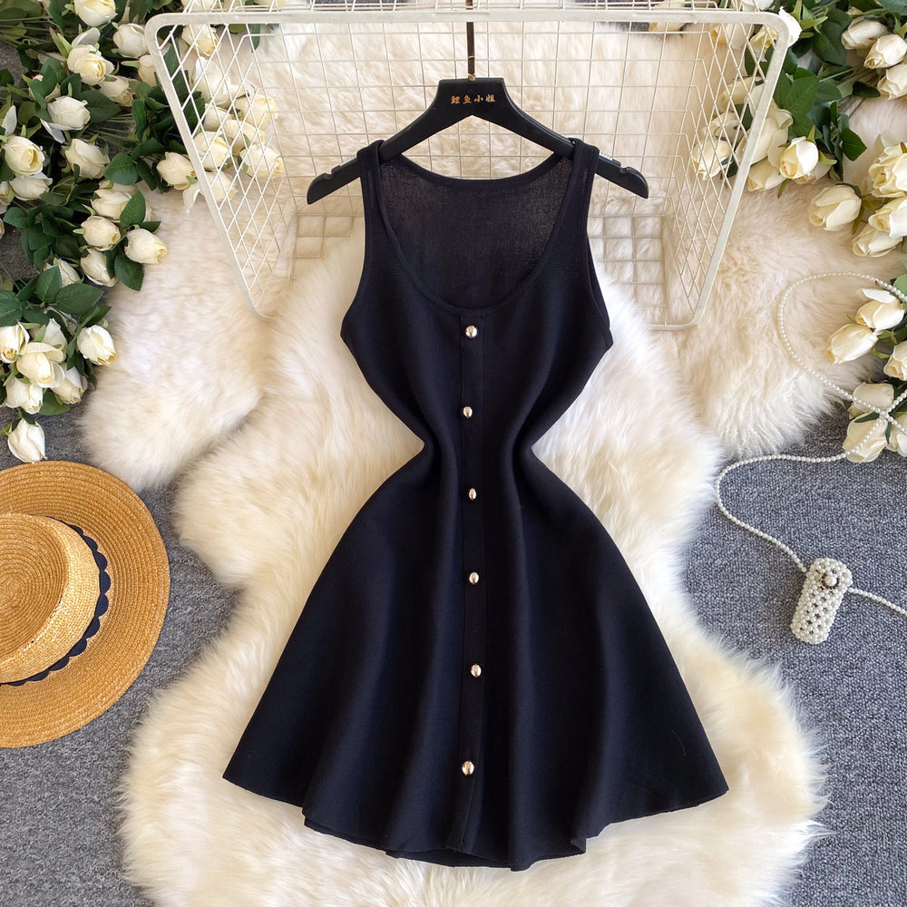 French style sleeveless knitted dress - new summer korean a-line mini dress for women, slimming pink skirt
