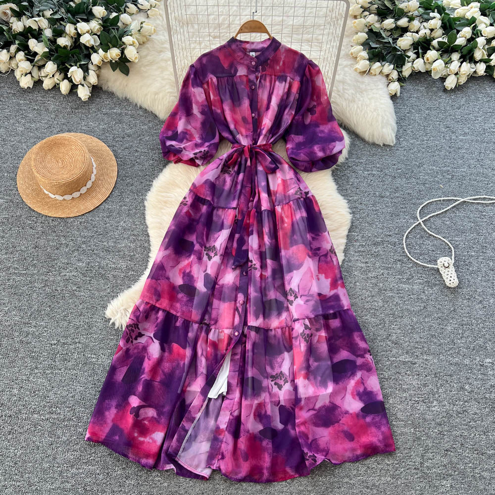 French retro court style niche fashion printed dress - women's tie-waist single-breasted lantern sleeve maxi dress