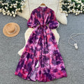 French retro court style niche fashion printed dress - women's tie-waist single-breasted lantern sleeve maxi dress