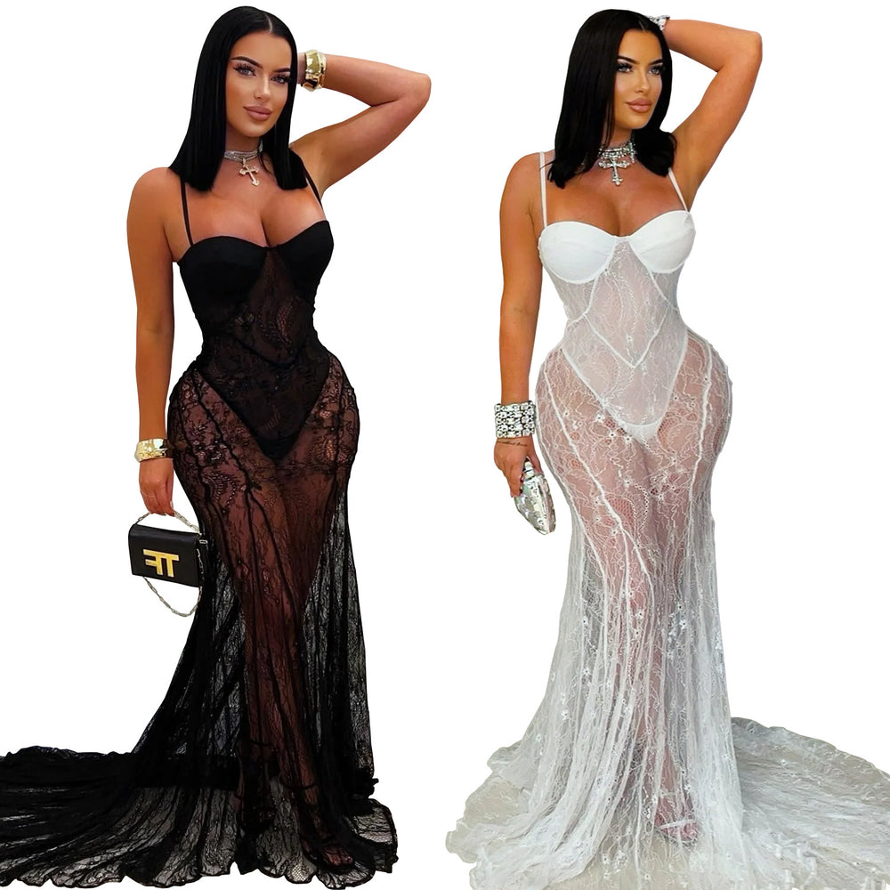 C7520 cross-border   fashion women's sexy lace-trimmed see-through slip dress