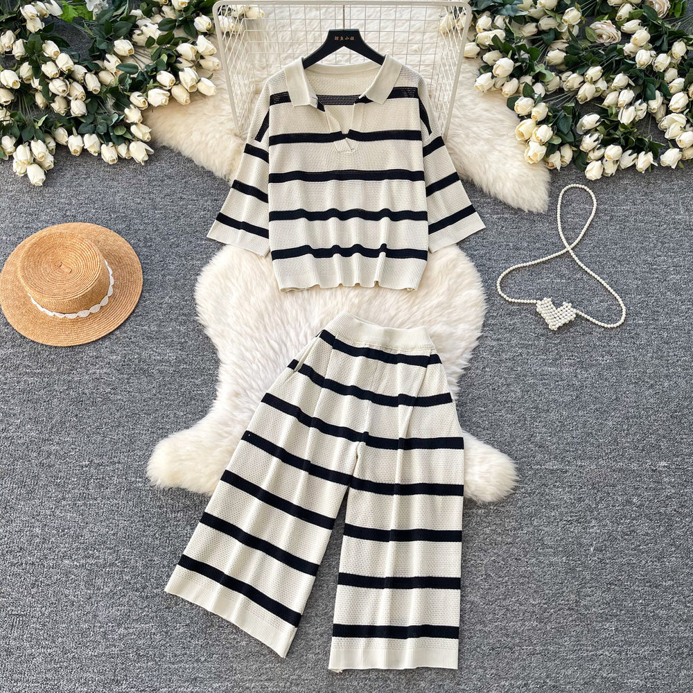 Lazy style stripesv-neck two-piece set women's summernew arrivalwork clothing style round neck topshigh waist pantsslimming looksuit