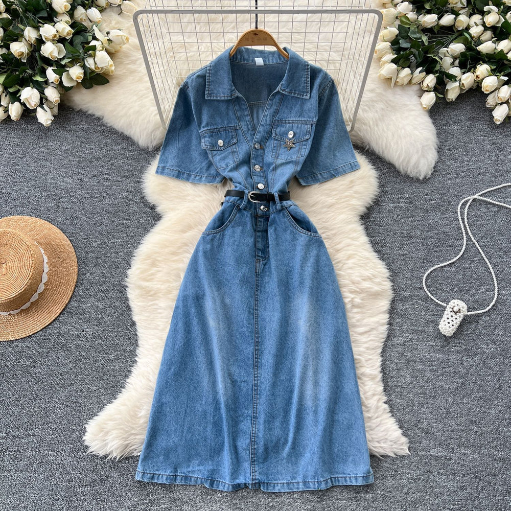 summer new arrival: women's short-sleeve denim dress - designer vintage polo collar, single-breasted, cinched waist, midi length