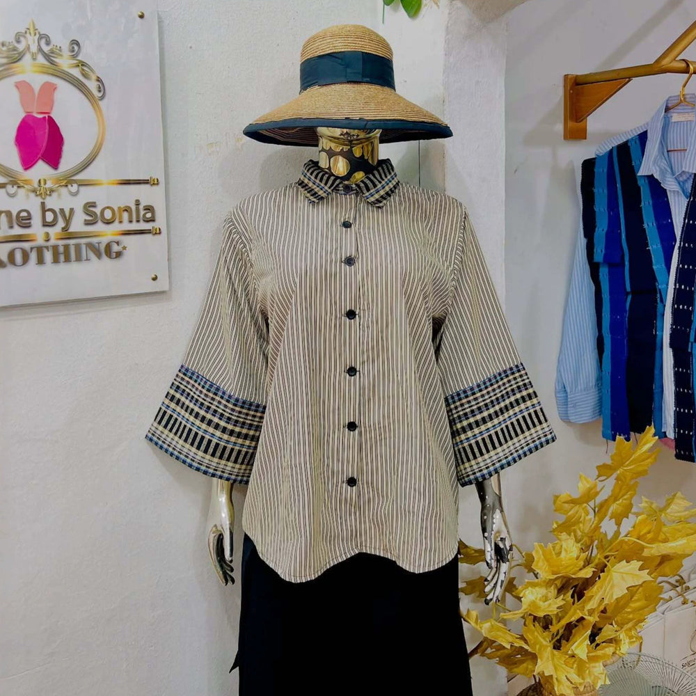 European and american cross-border women's fashion:  summer new arrival - stylish and elegant turn-down collar, loose fit, plus size, striped patchwork shirt top