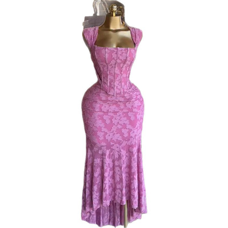 European and american women's clothing  autumn new sweet and fresh printed turn-down collar fishbone high-waisted slimming bodycon dress