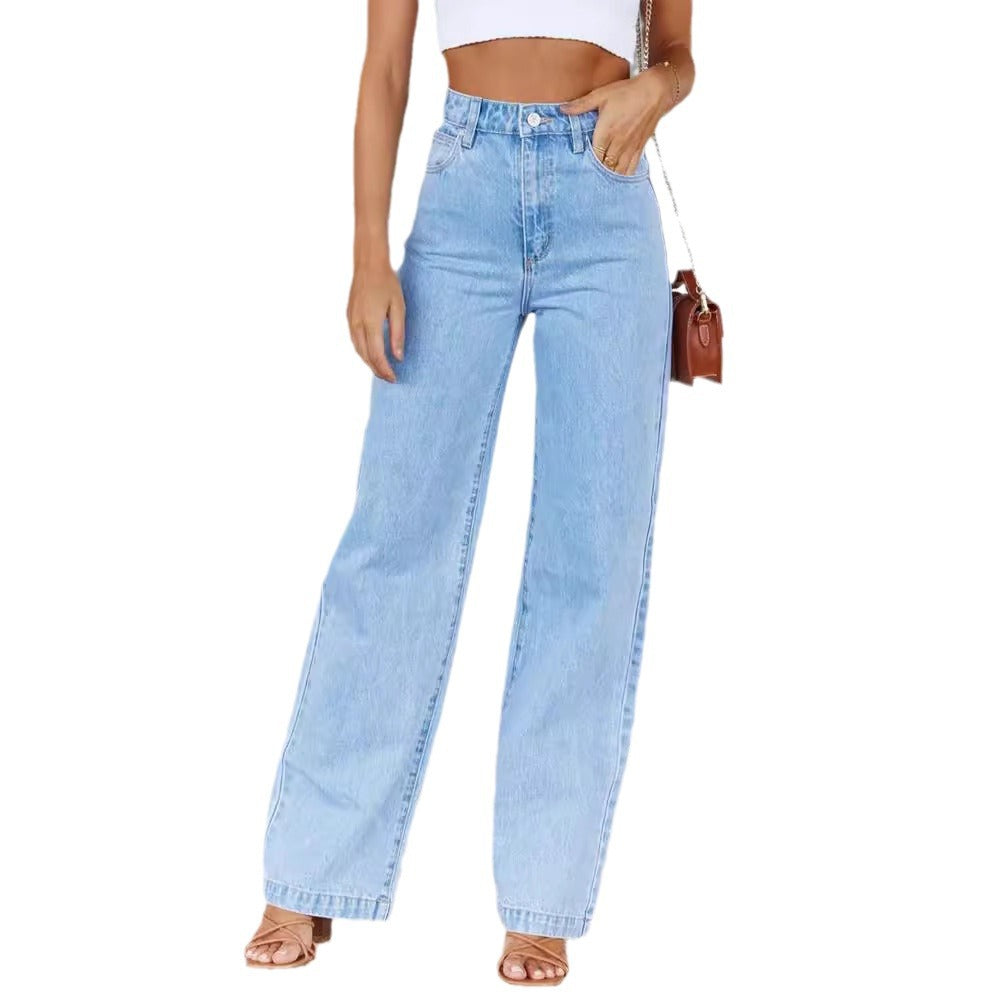 women's jeans:   hot-selling european and american style elegant commute wide-leg jeans, washed stretch denim