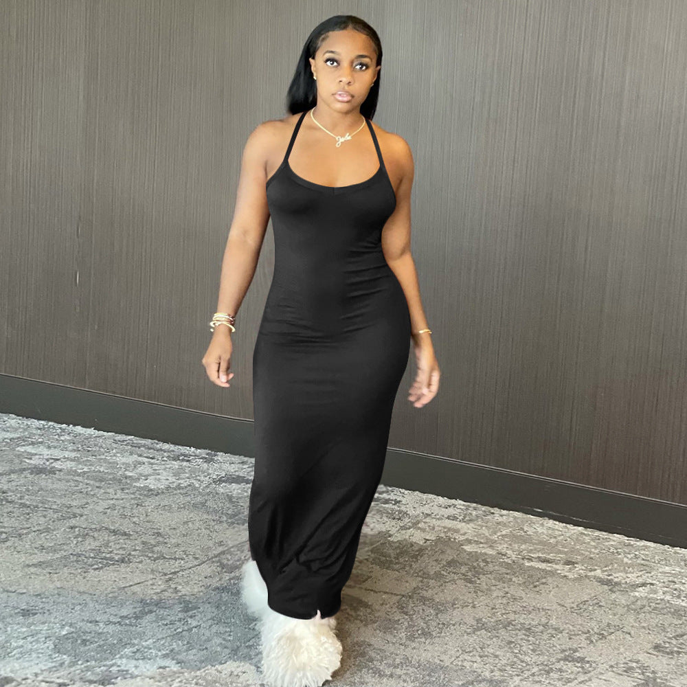 S390081 Foreign trade European and American women's clothing ins new models, sexy solid color suspender dress, fashionable temperament long dress women