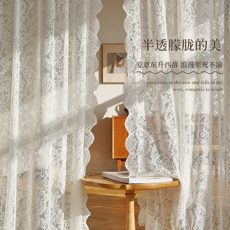 French retro lace sheer curtain, minimalist chic window curtain, no-drill sheer partition curtain, wavy lace curtain decoration