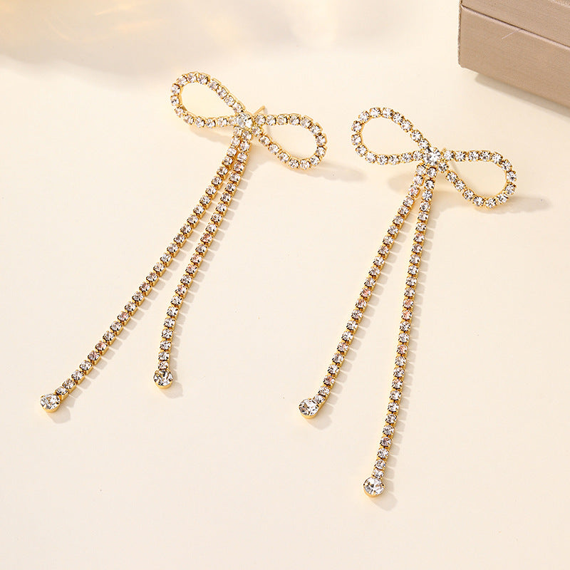 Wholesale new arrival cross-border bowknot rhinestone jewelry exaggerated fashion tassel light luxury earrings alloy stud earrings for women
