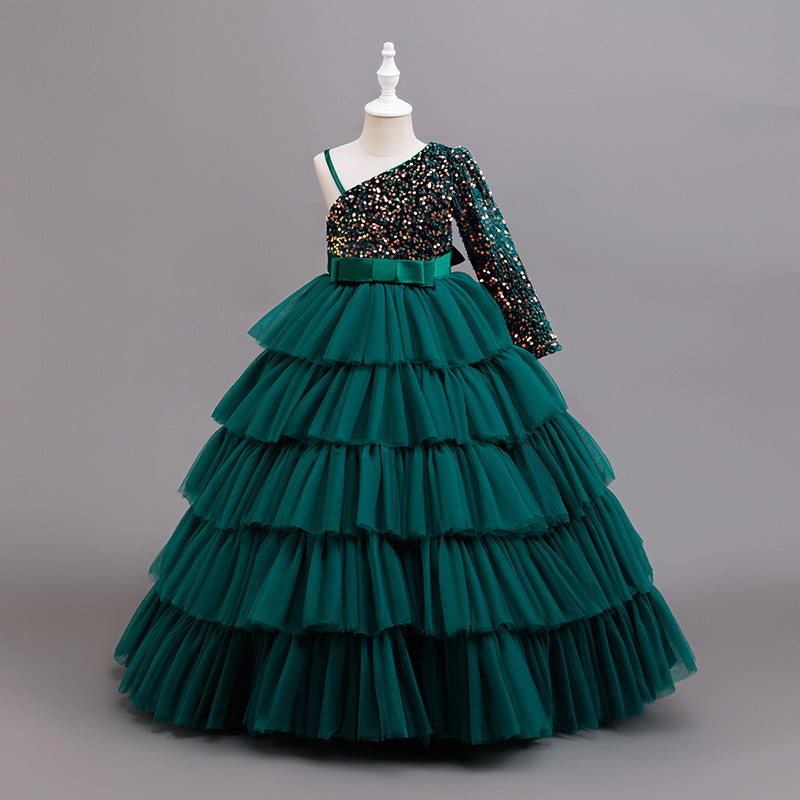 European and american style girls' birthday party one-shoulder princess dress, children's piano performance evening gown, sequin patchwork, cross-border wholesale