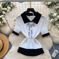 Gentle wind doll collar bowsknitting shirt for women summercasualcasualcontrast colorsweeteasiest for matcheleganttops