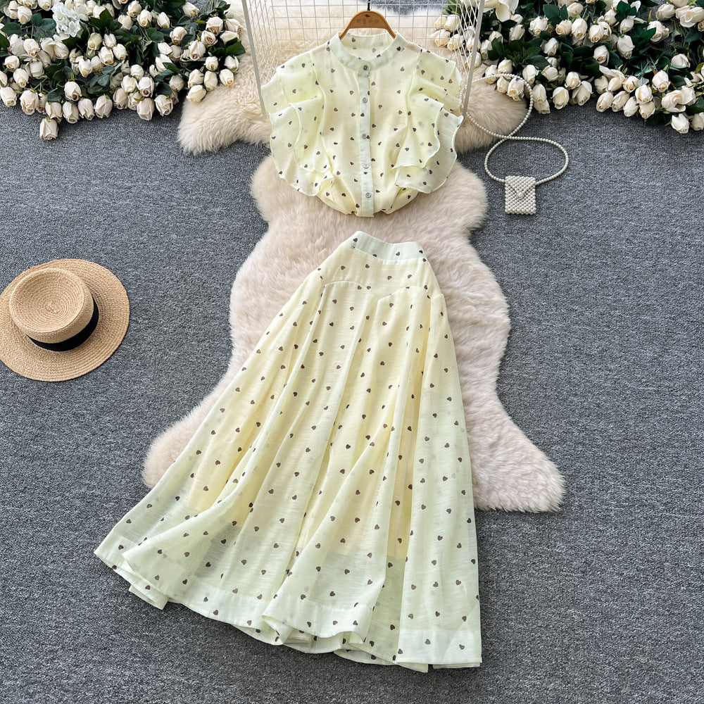 French chic two-piece set: women's gentle style round neck ruffle trim heart print top + high-waisted flared midi skirt