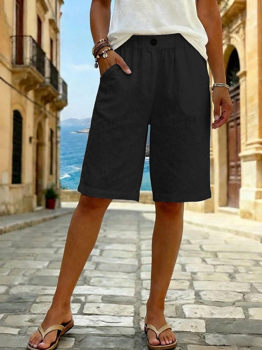 european and american  new women's faux cotton linen shorts - summer casual everyday mid-rise solid color shorts