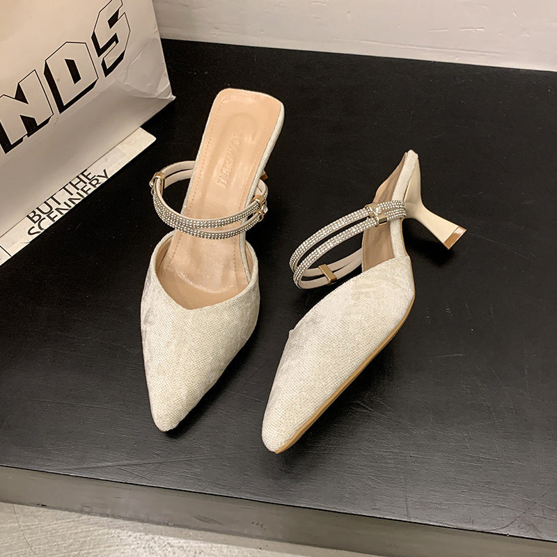 Baotou sandals women's mid-heeled two-wear slippers summeroutwear pointed toe stiletto rhinestone back hollow flats women 2025new arrival