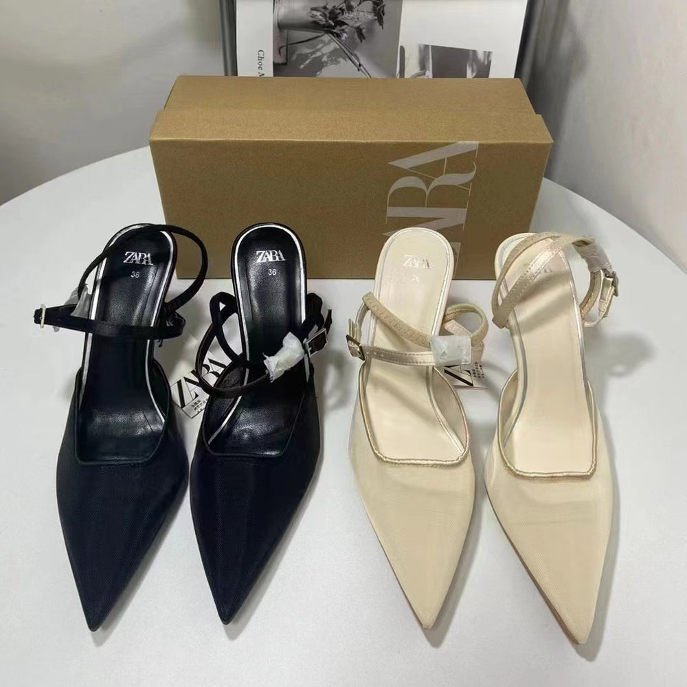 Za new 2024 summer french pointed-toe stiletto heel pumps, patchwork satin, back-tie, pink fashion flats for women