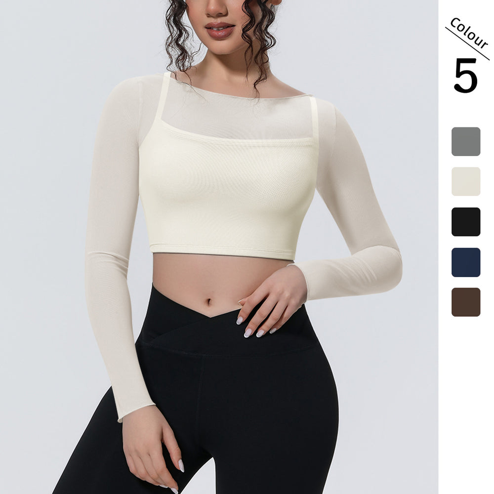 New arrival: solid color mesh double-layer breathable faux two-piece long sleeve casual activewear top for running, fitness, and yoga