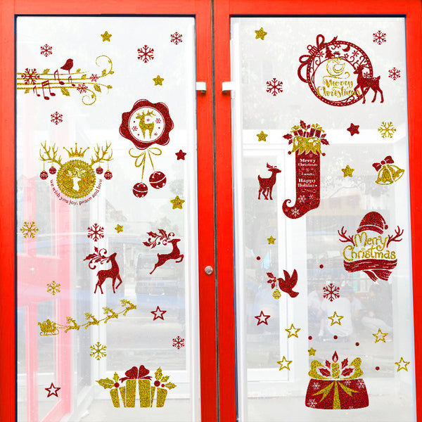 New Christmas decorations, bronzing powder sprinkled with red powder, electrostatic glass doors and windows stickers, glue-free stickers HTJD2306